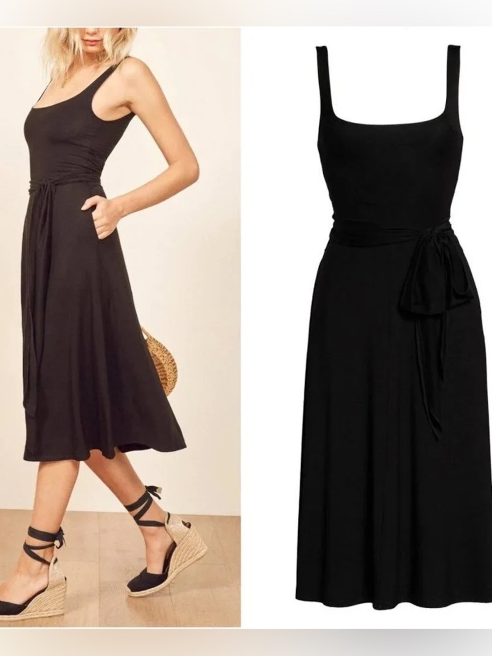 Reformation Jeans Black August Midi Dress w/ Tie - Medium - Excellent Condition